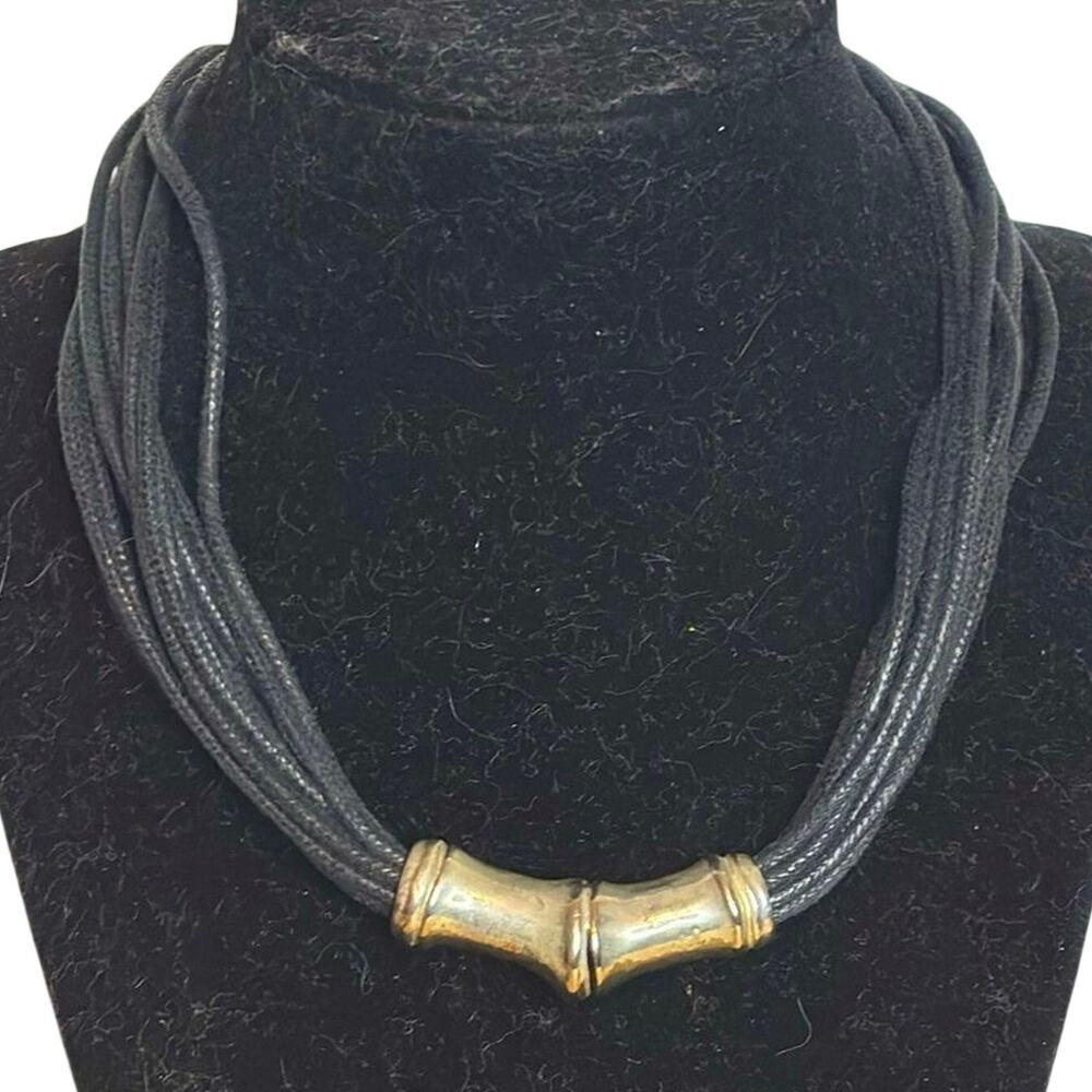 Black Multi Strand Cord Necklace Silver Tone Bamboo Bar Statement 16”